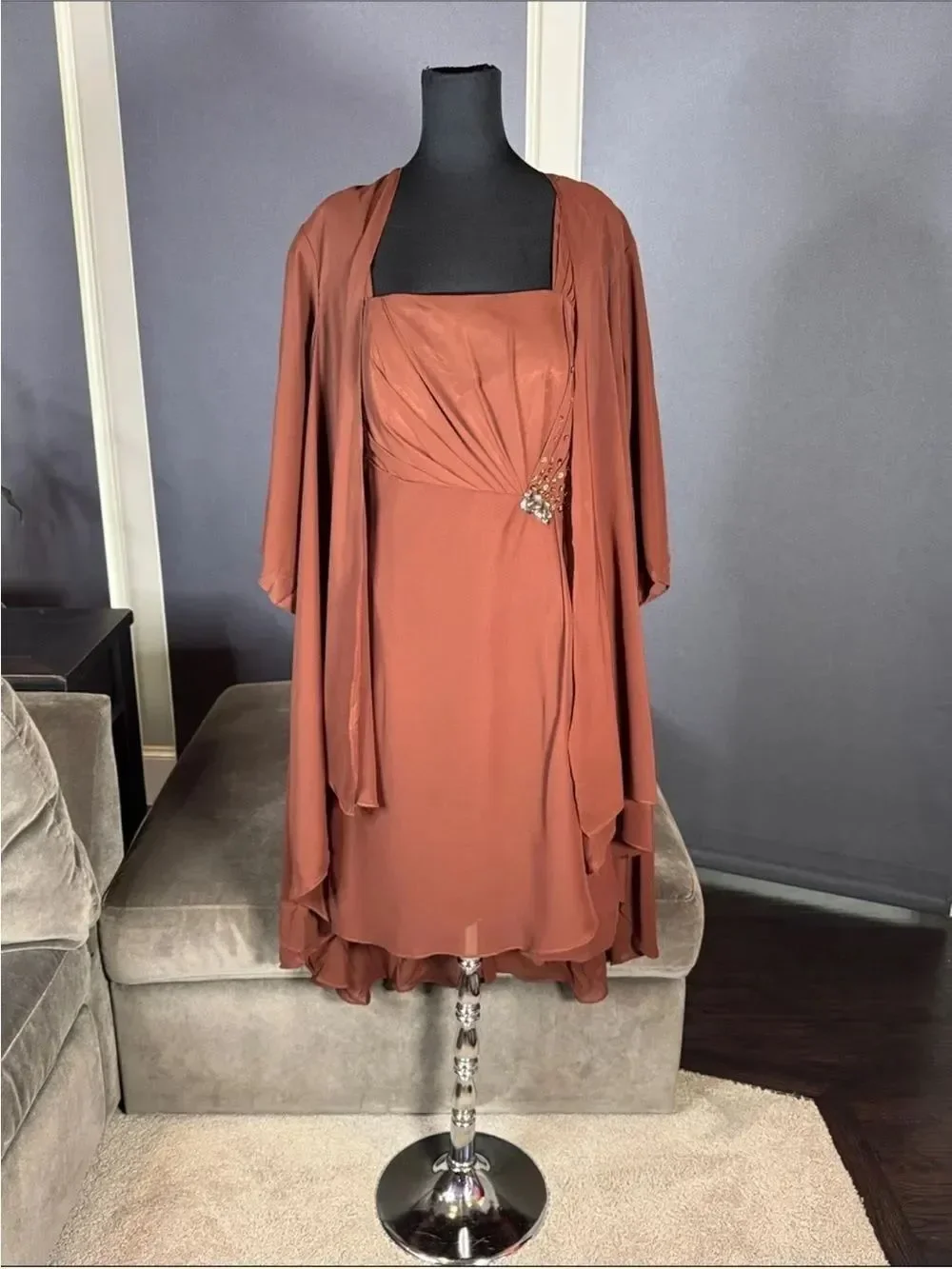 Women’s Brown Chiffon Formal Mother of the Bride Dress Draped Jacket Size 14 NWT